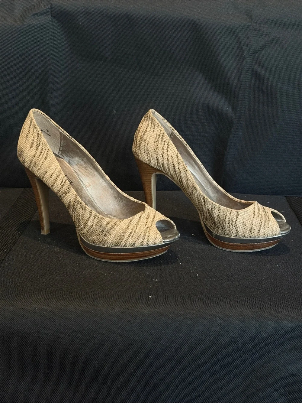 Moda Spana Beige Knit Peep-Toe Platform Heels